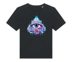 Black t-shirt with a colorful eye design on a white background