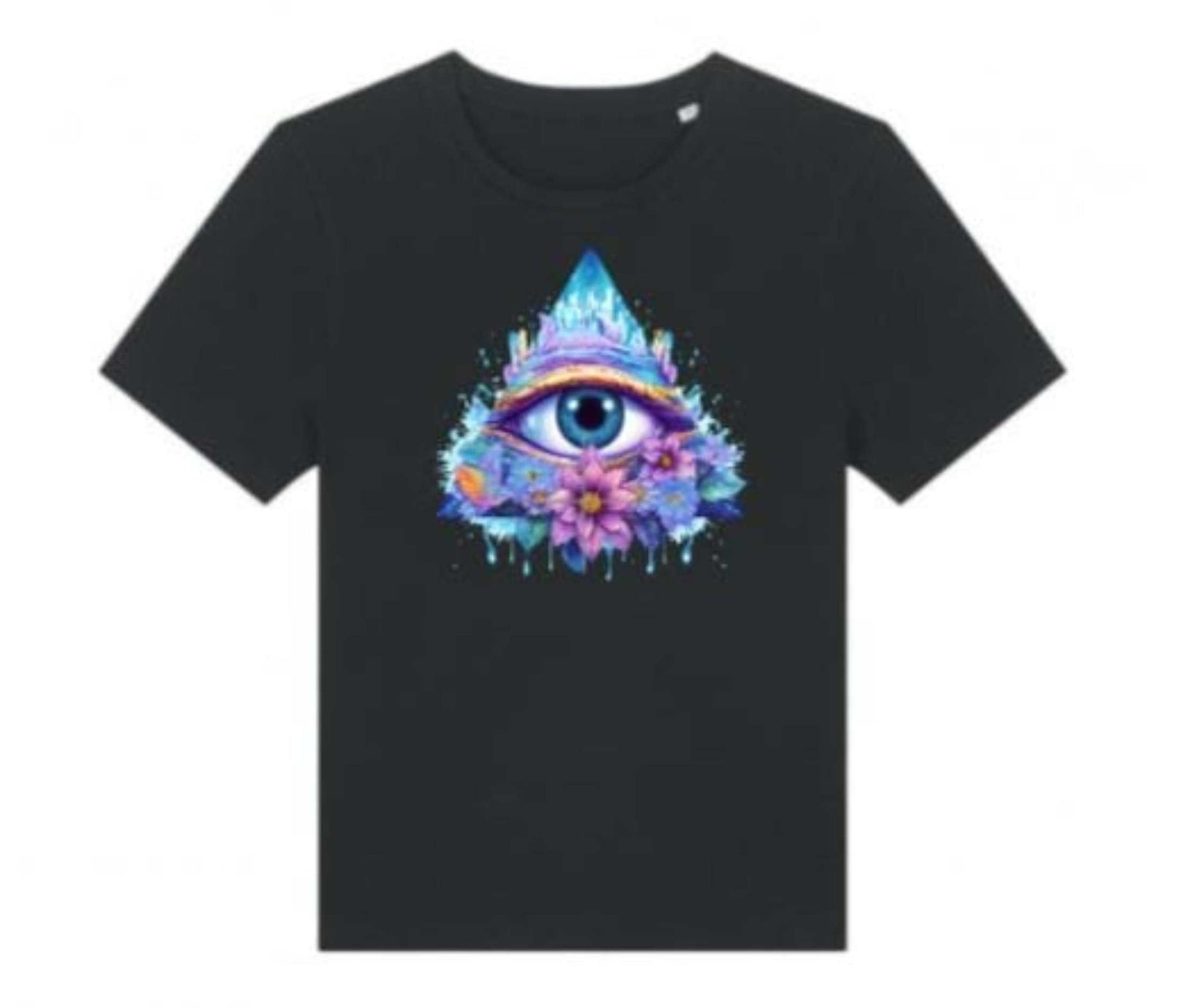 Black t-shirt with a colorful eye design on a white background