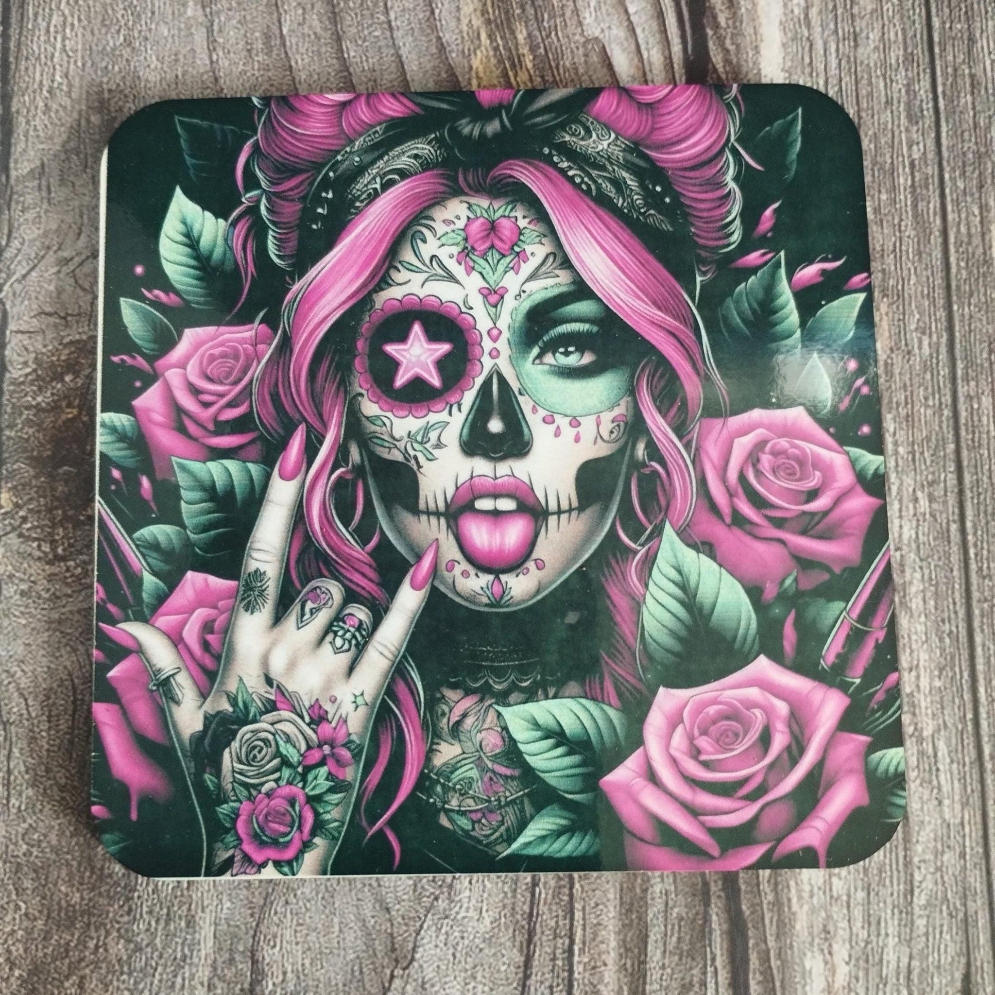 Mouse pad with a colorful design of a woman with pink hair and roses on a wooden surface