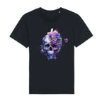 Black t-shirt with a colorful skull and floral design on a white background