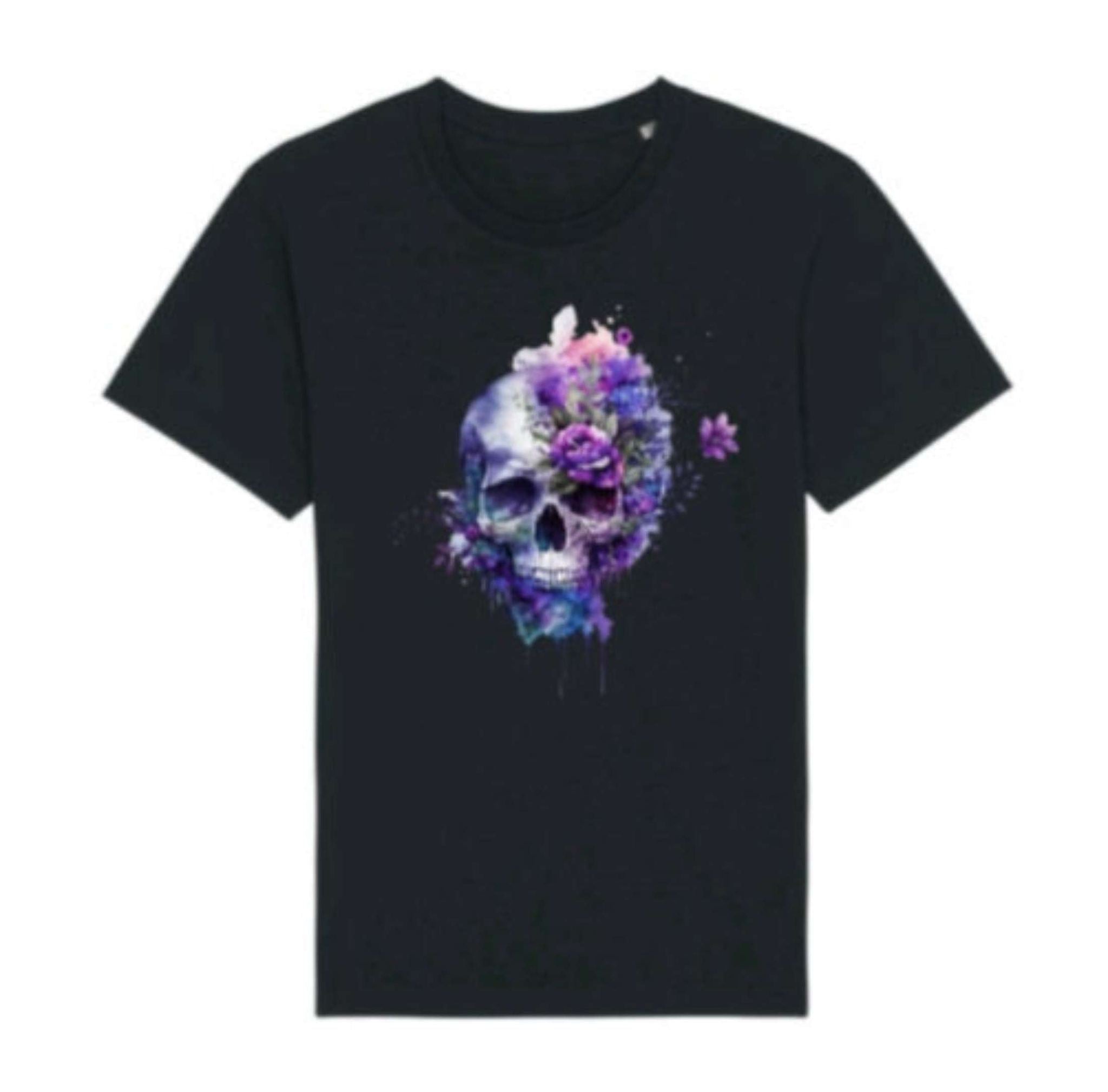 Black t-shirt with a colorful skull and floral design on a white background