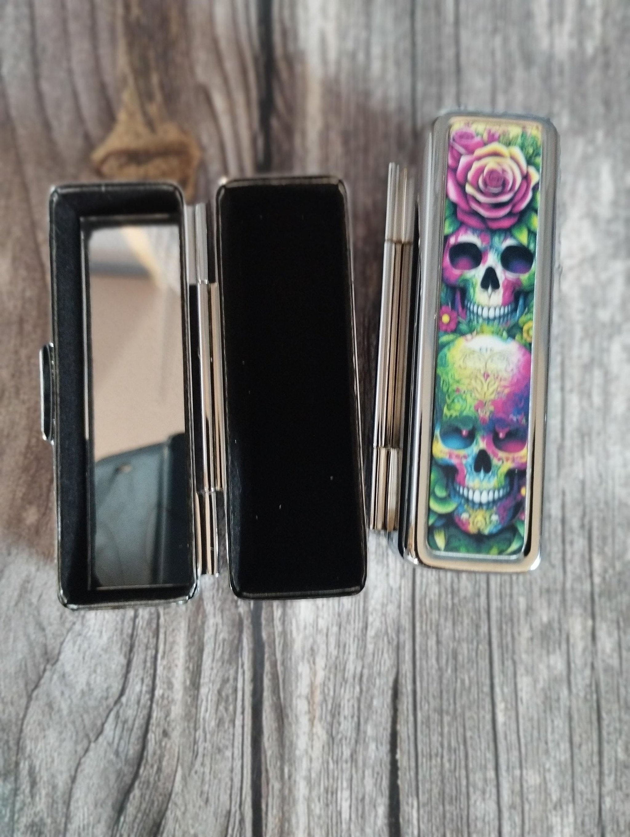 Skull Lipstick Case: Gothic Metal Lipstick Tin with Mirror