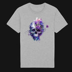 Gray t-shirt with a colorful skull and floral design on a white background