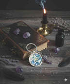 Pentagram keyring, Witch keyring with amethyst crystals and a charm