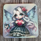 Illustration of a fairy holding a heart with a small creature on a wooden surface