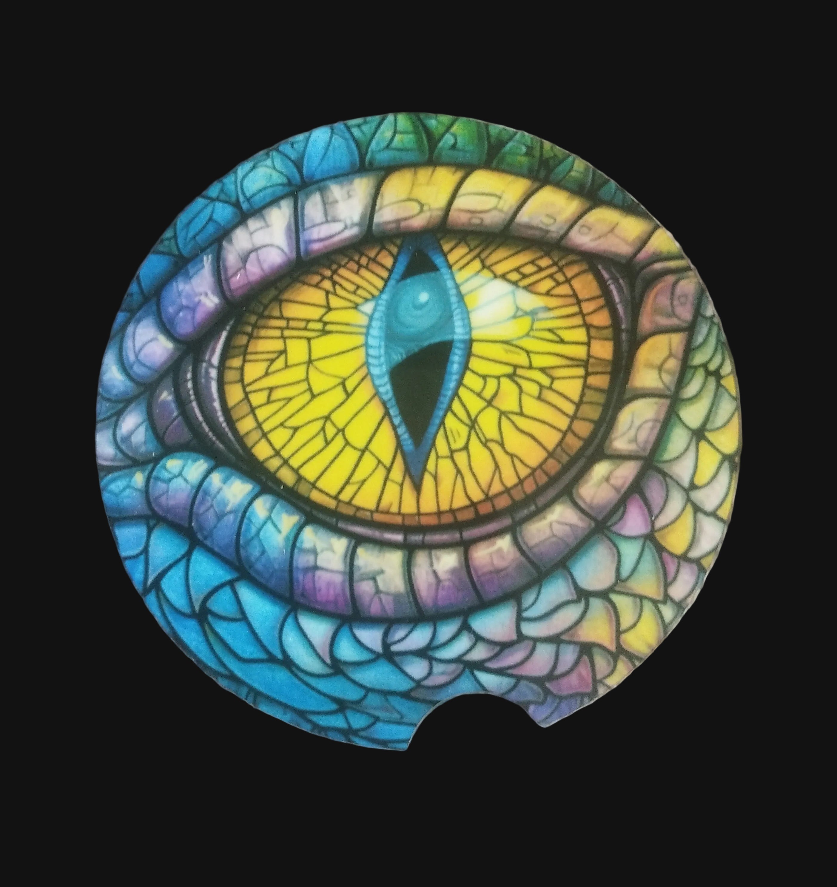 Colorful eye design on a wooden background