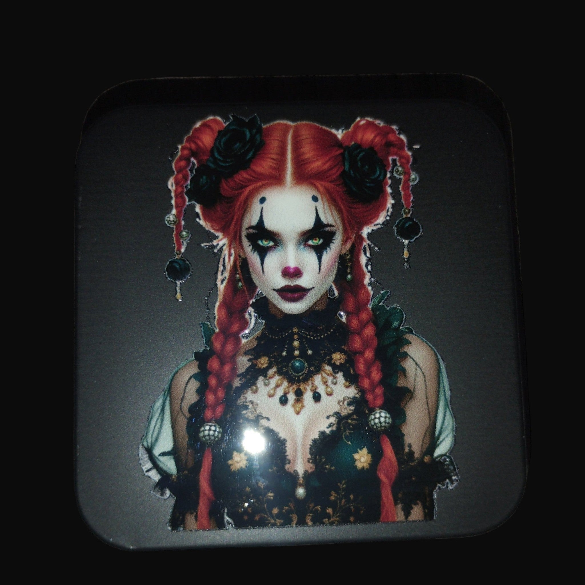 Coaster with a design of a person with red hair and black floral accessories on a black surface