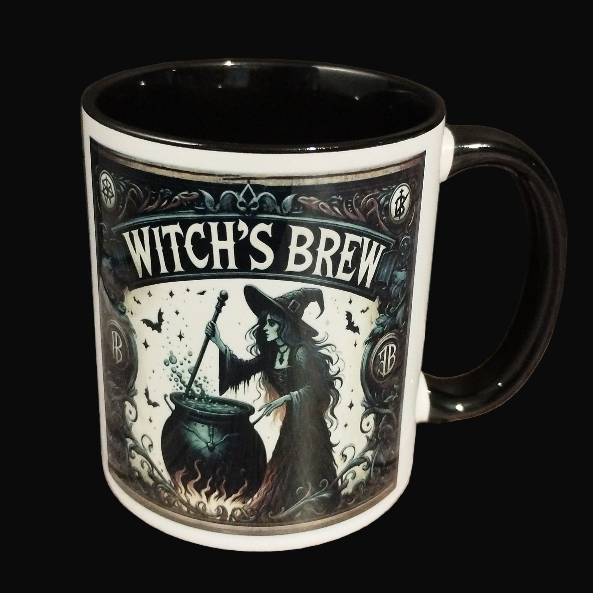 Mug with 'Witch's Brew' design featuring a witch and cauldron on a black surface.