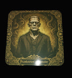 Coaster with a vintage-style illustration of Frankenstein's Monster on a wooden surface