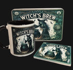 Witch's Brew mug, coaster, and tray set on a wooden surface