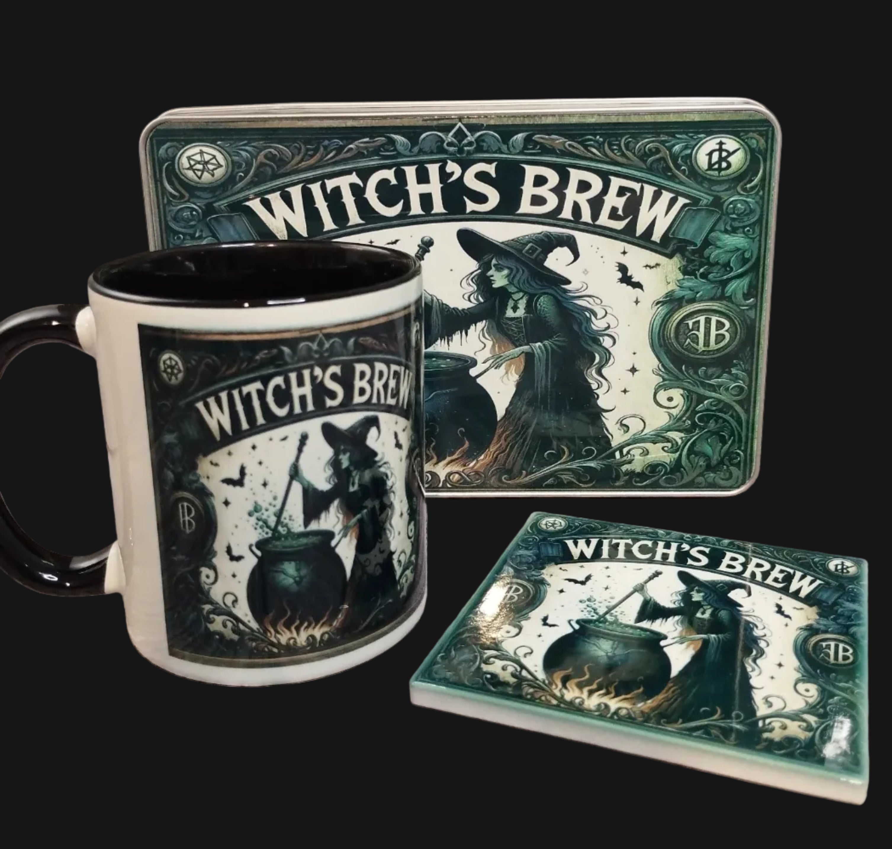 Witch's Brew mug, coaster, and tray set on a wooden surface