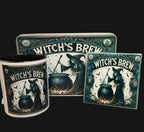 Witch's Brew themed mug, tray, and coaster set on a wooden surface.