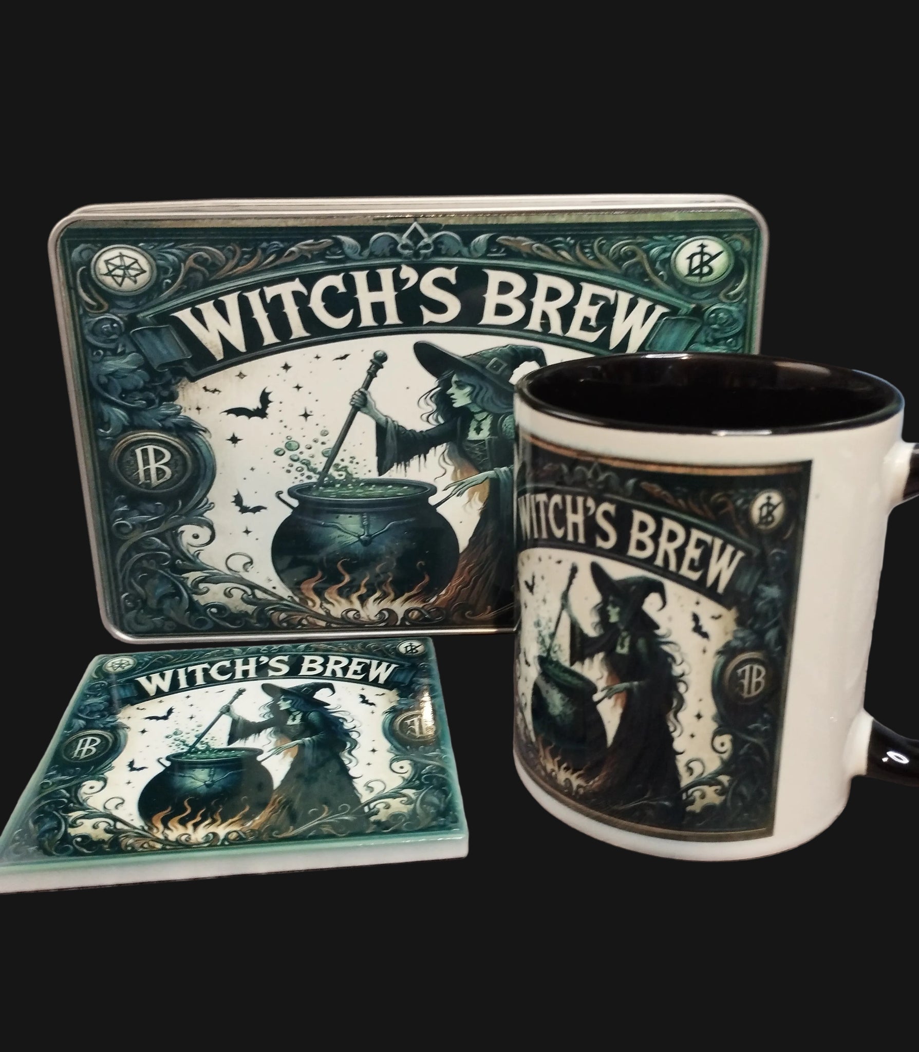 Witch's Brew themed mug, coaster, and tin set on a wooden surface.
