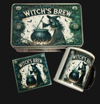Witch's Brew themed tin and mug set on a wooden surface