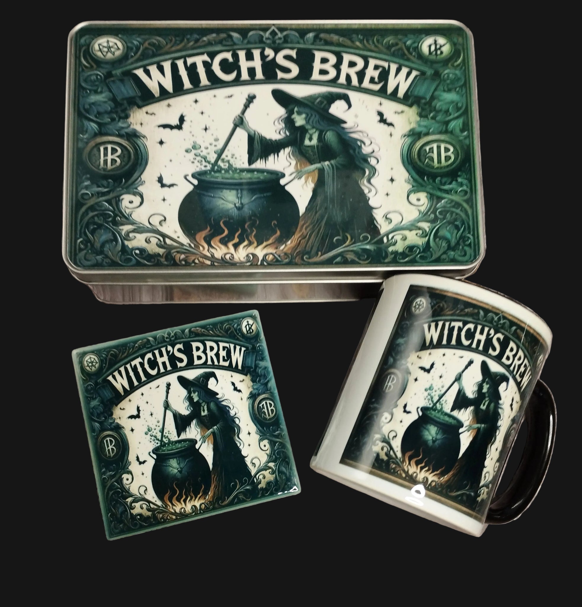Witch's Brew themed tin and mug set on a wooden surface