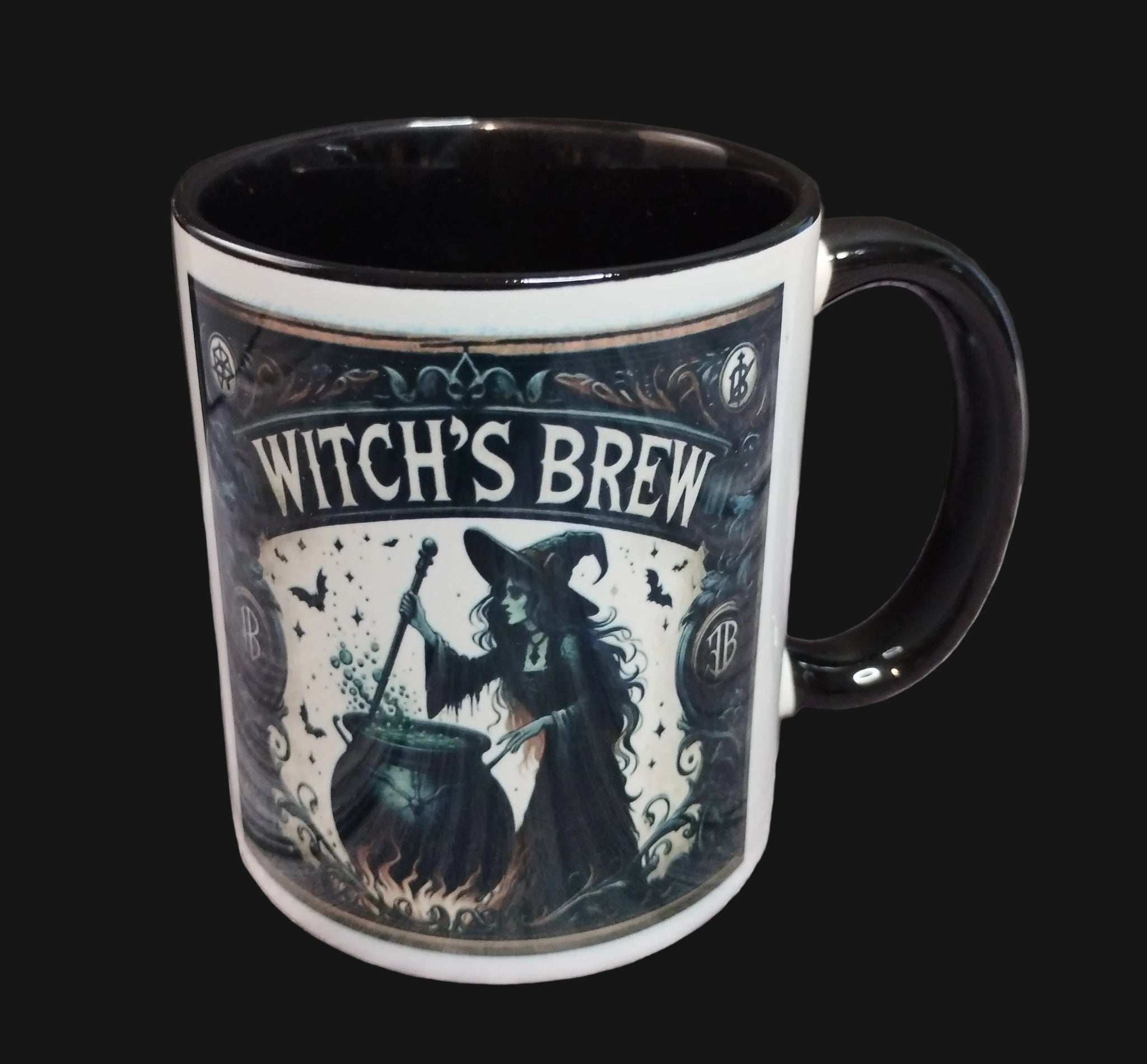 Mug with witch-themed design and 'Witch's Brew' text on a wooden surface.