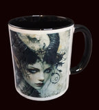 Mug with a fantasy design of a face with horns on a wooden surface