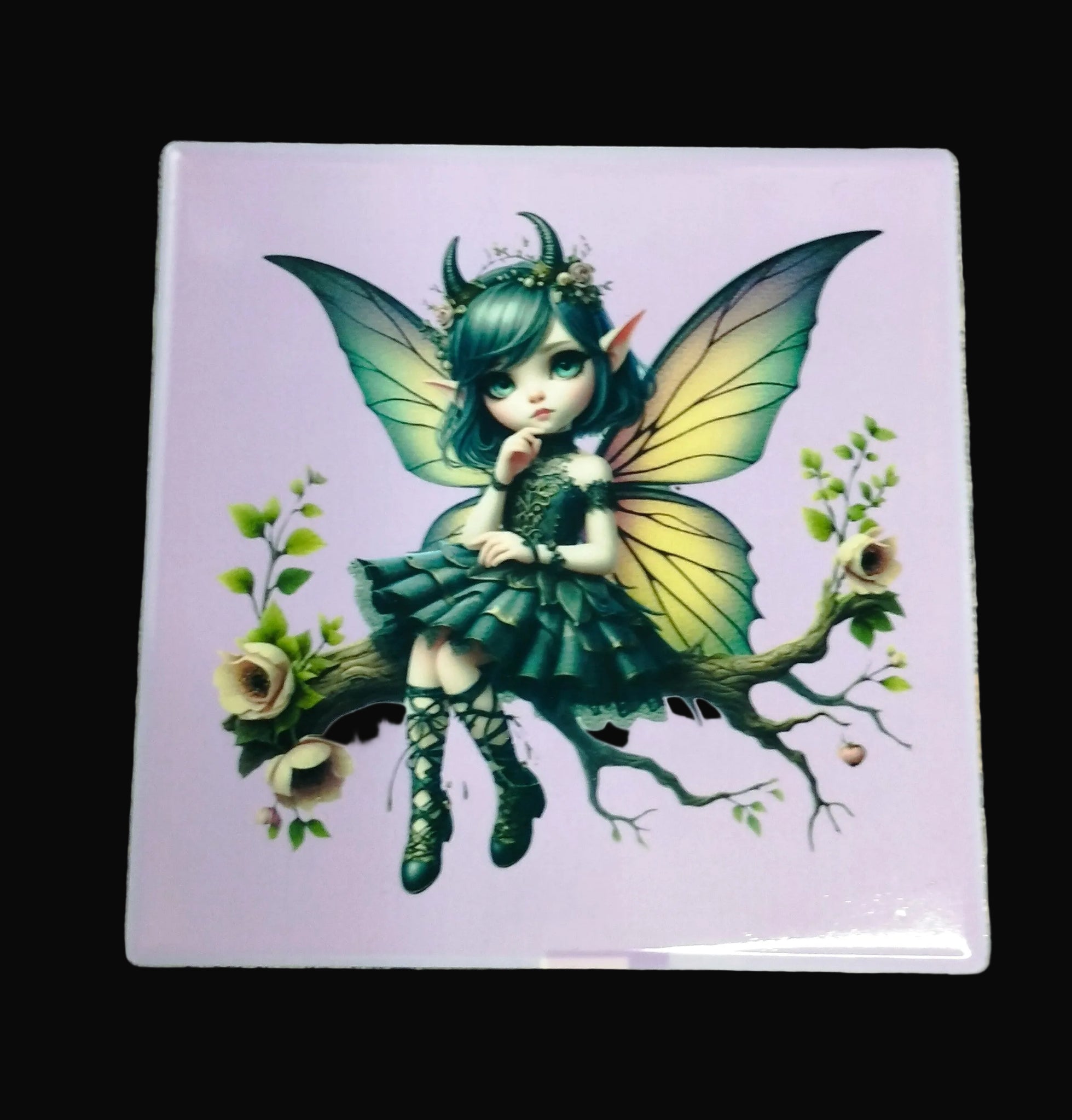 Fairy illustration on a square card with a wooden background