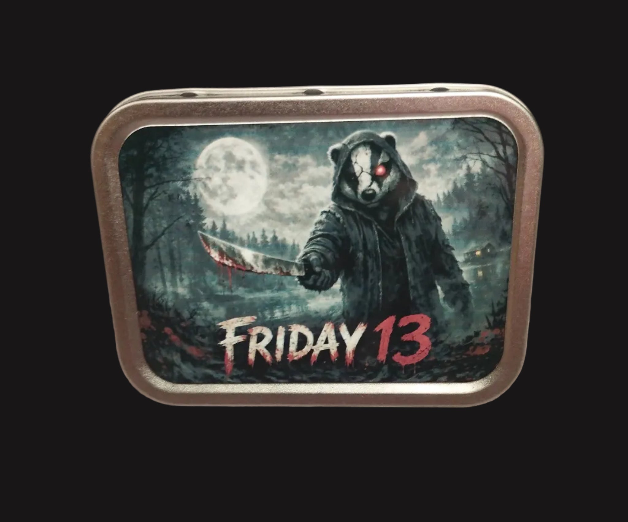  tin with a badger holding a knife and 'Friday 13' text on a wooden surface