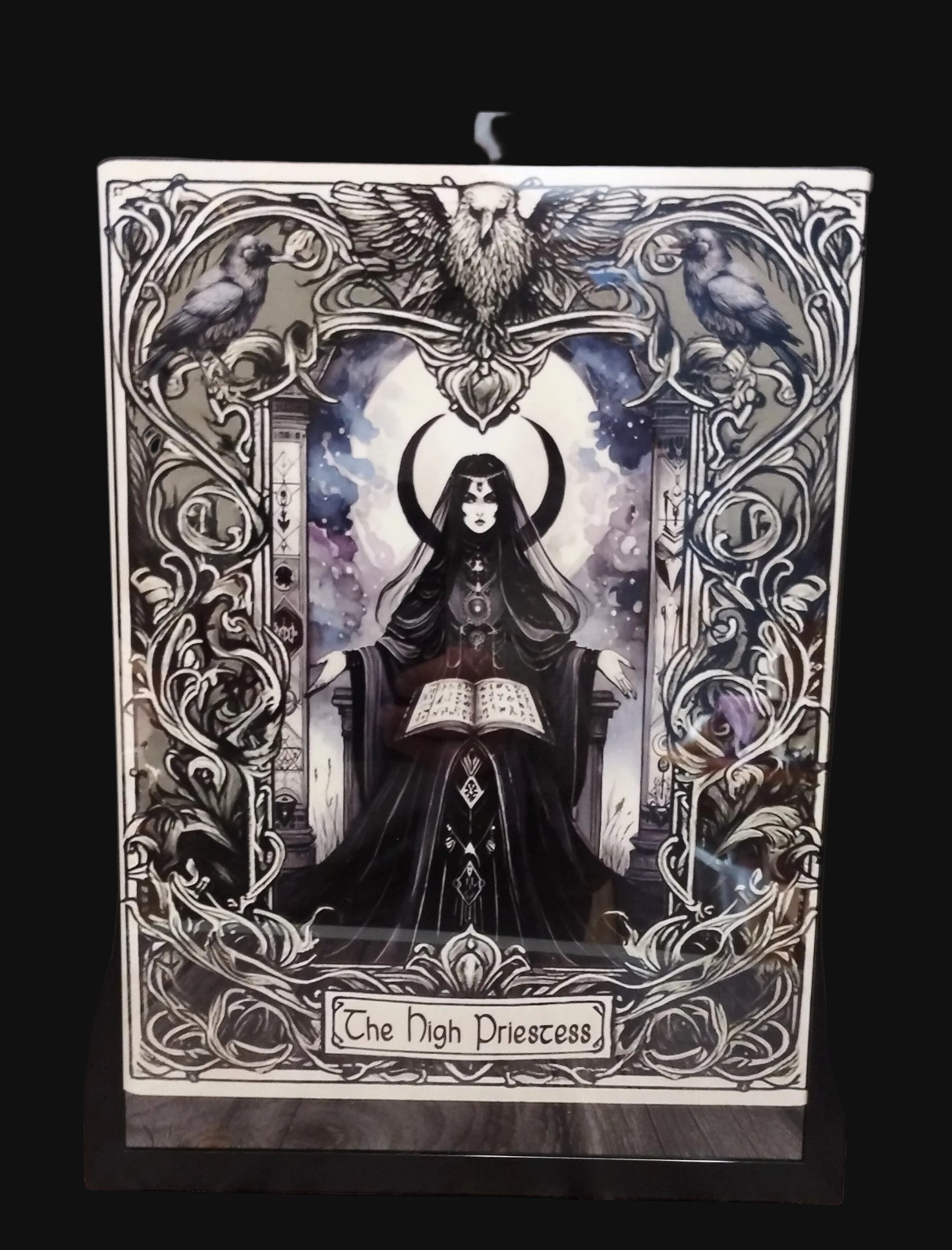 Framed tarot card titled 'The High Priestess' with decorative border