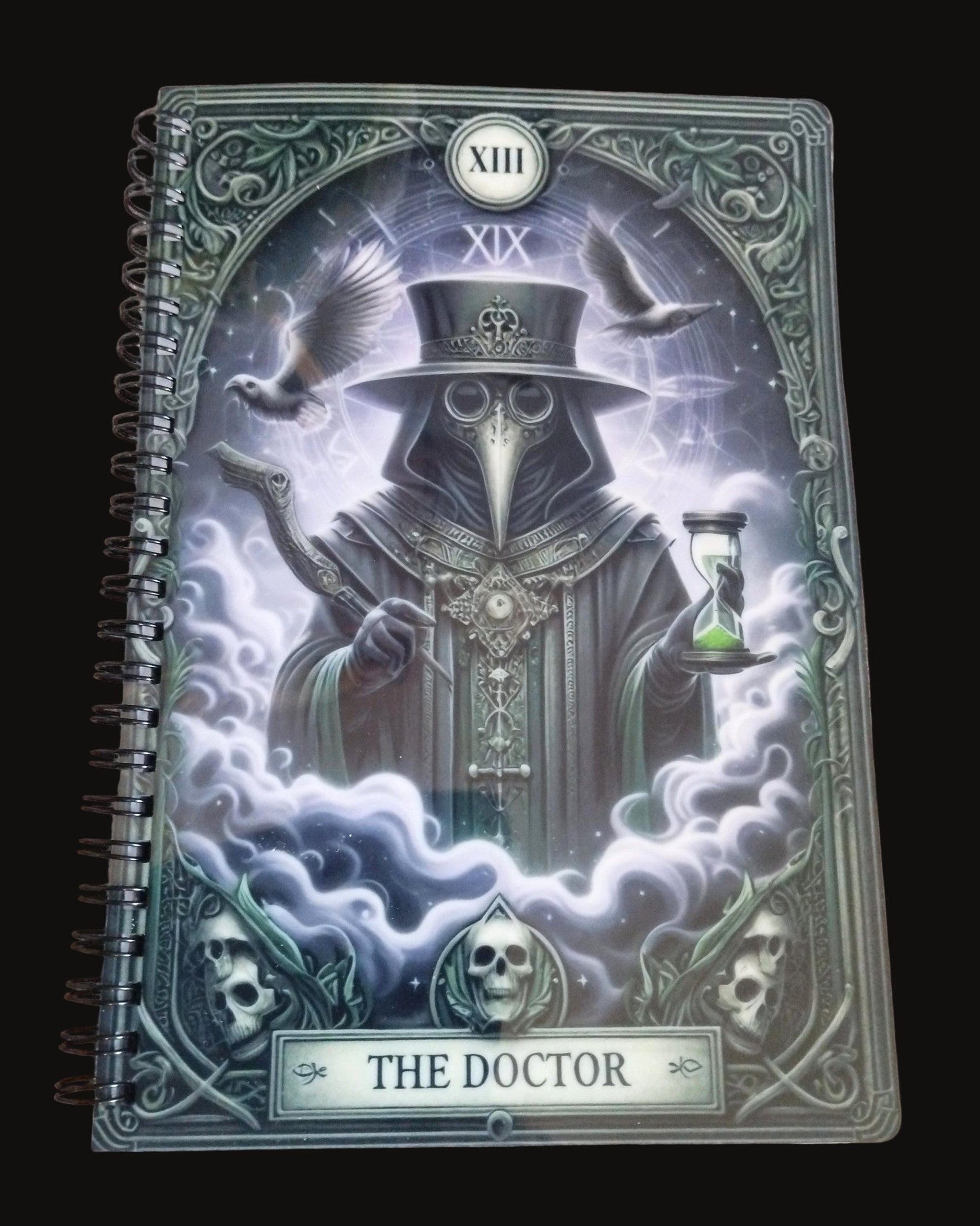 Notebook with a design of 'The Doctor' from a tarot card on a wooden surface