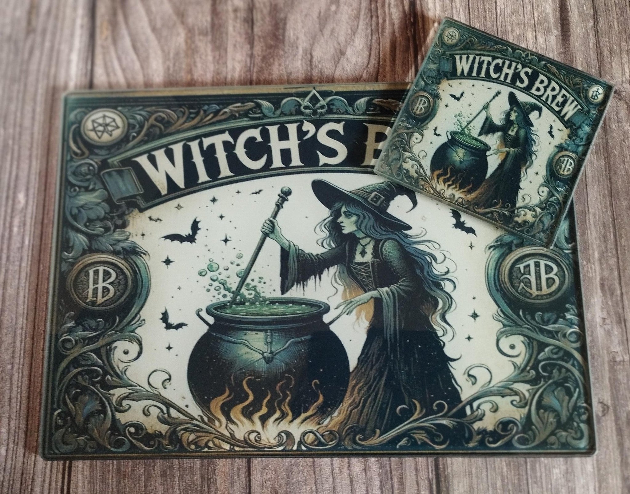 Decorative mat with witch design and 'Witch's Brew' text on a wooden surface