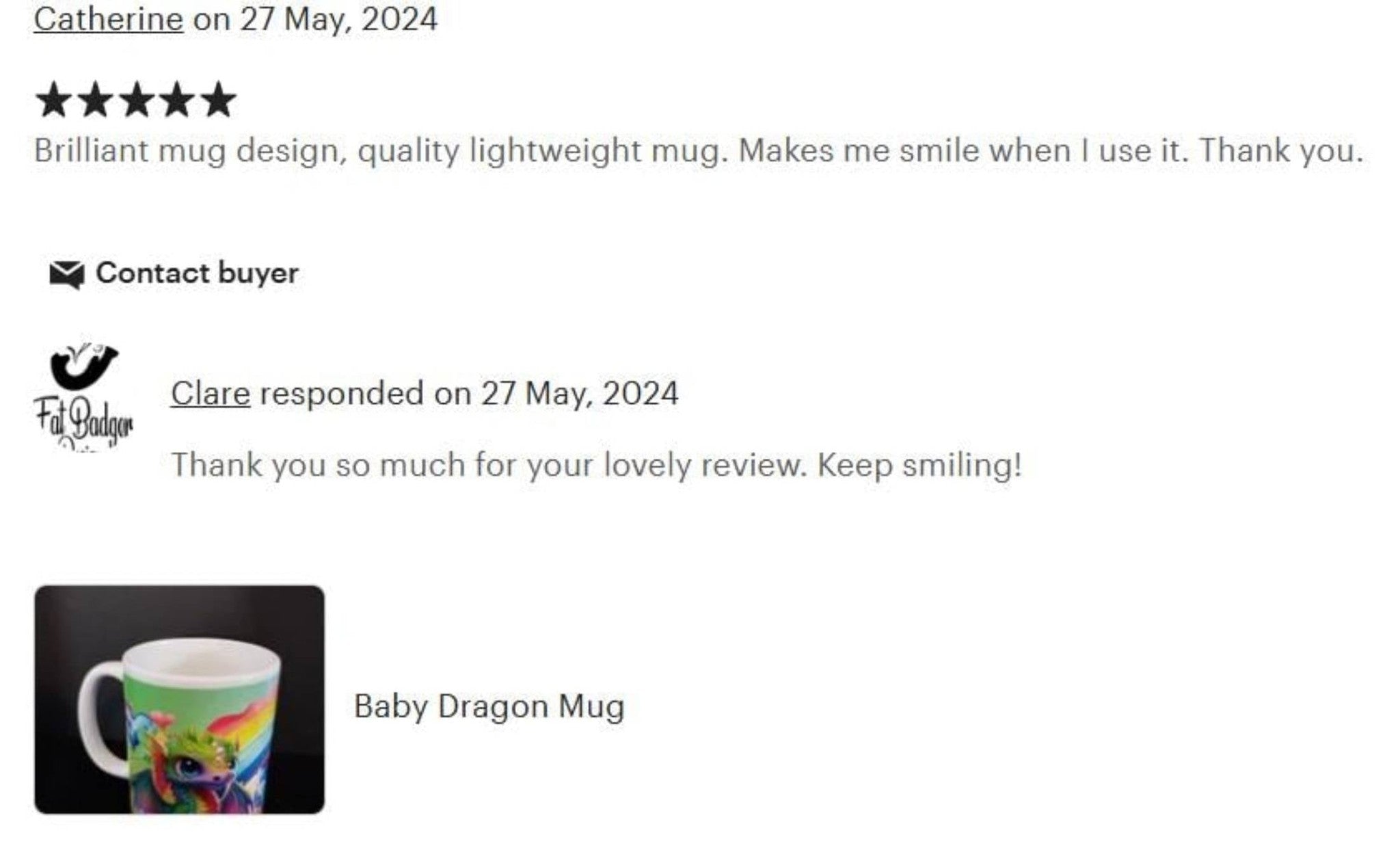 Product review with a mug image and customer interaction on a white background