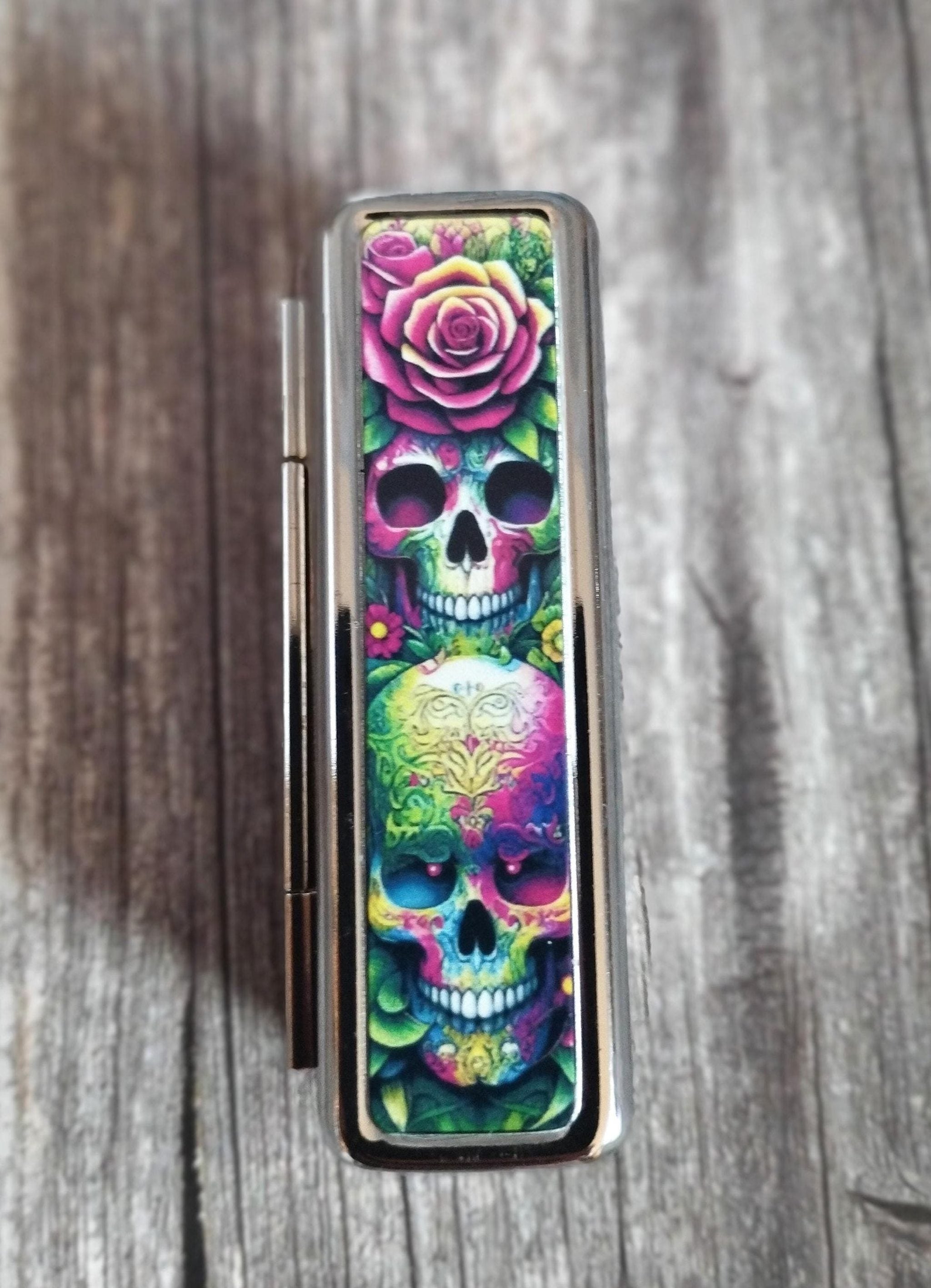 Skull Lipstick Case: Gothic Metal Lipstick Tin with Mirror