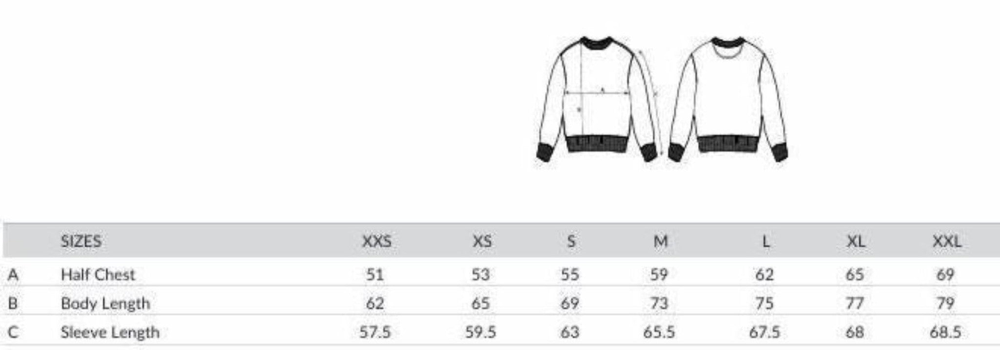 Sweatshirt size chart with measurements for various sizes.