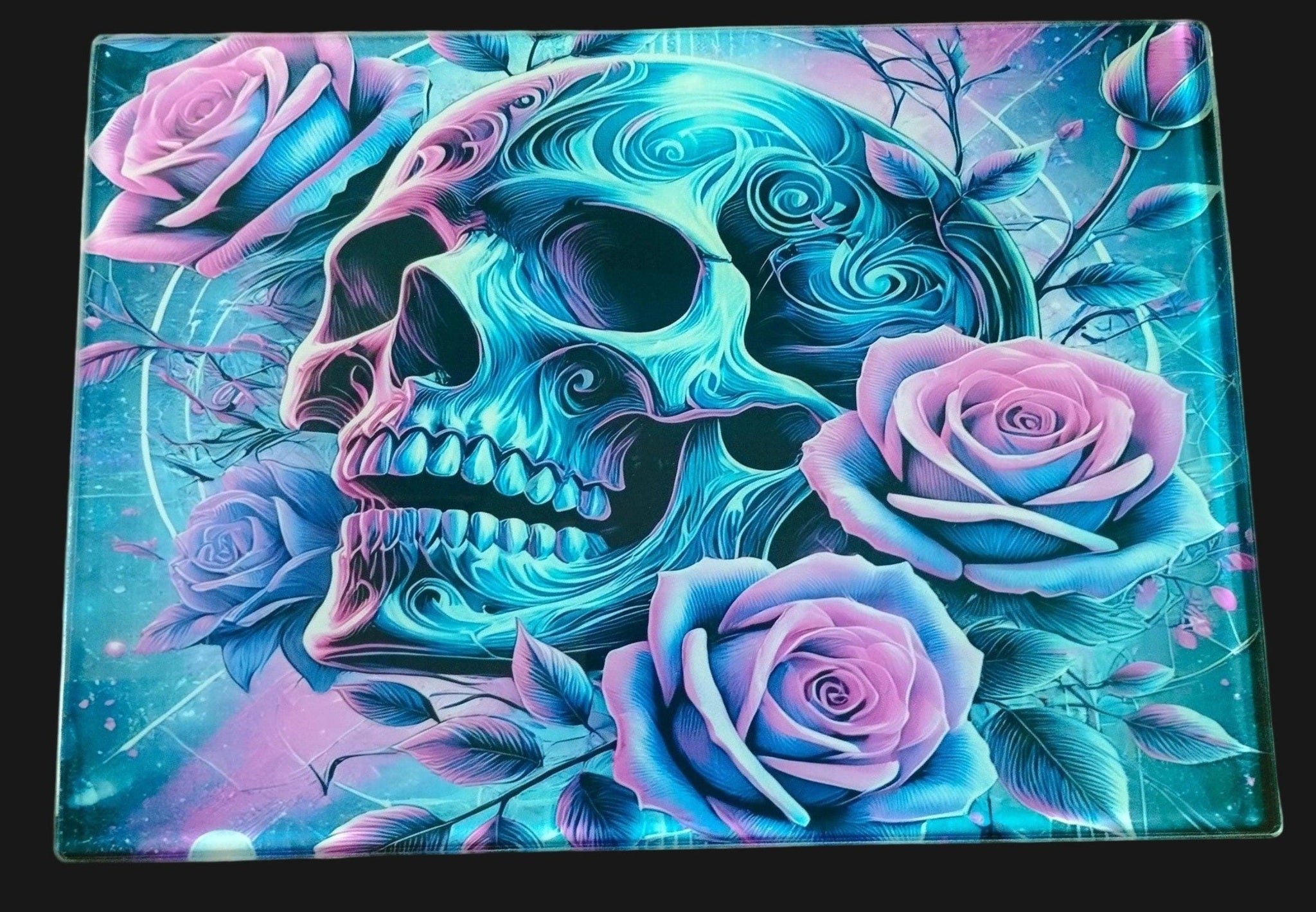 Colorful skull and roses design on a wooden surface