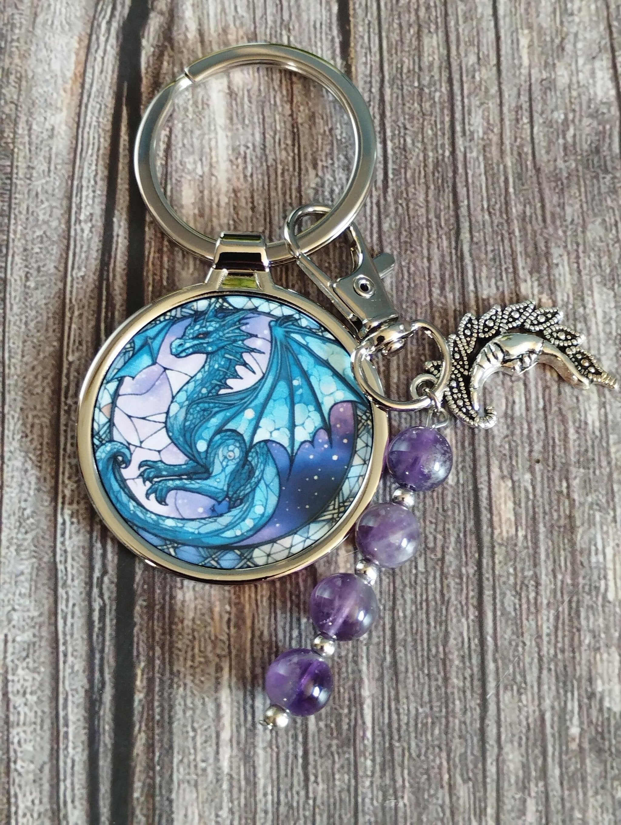 Dragon Keyring with Amethyst Beads and charm