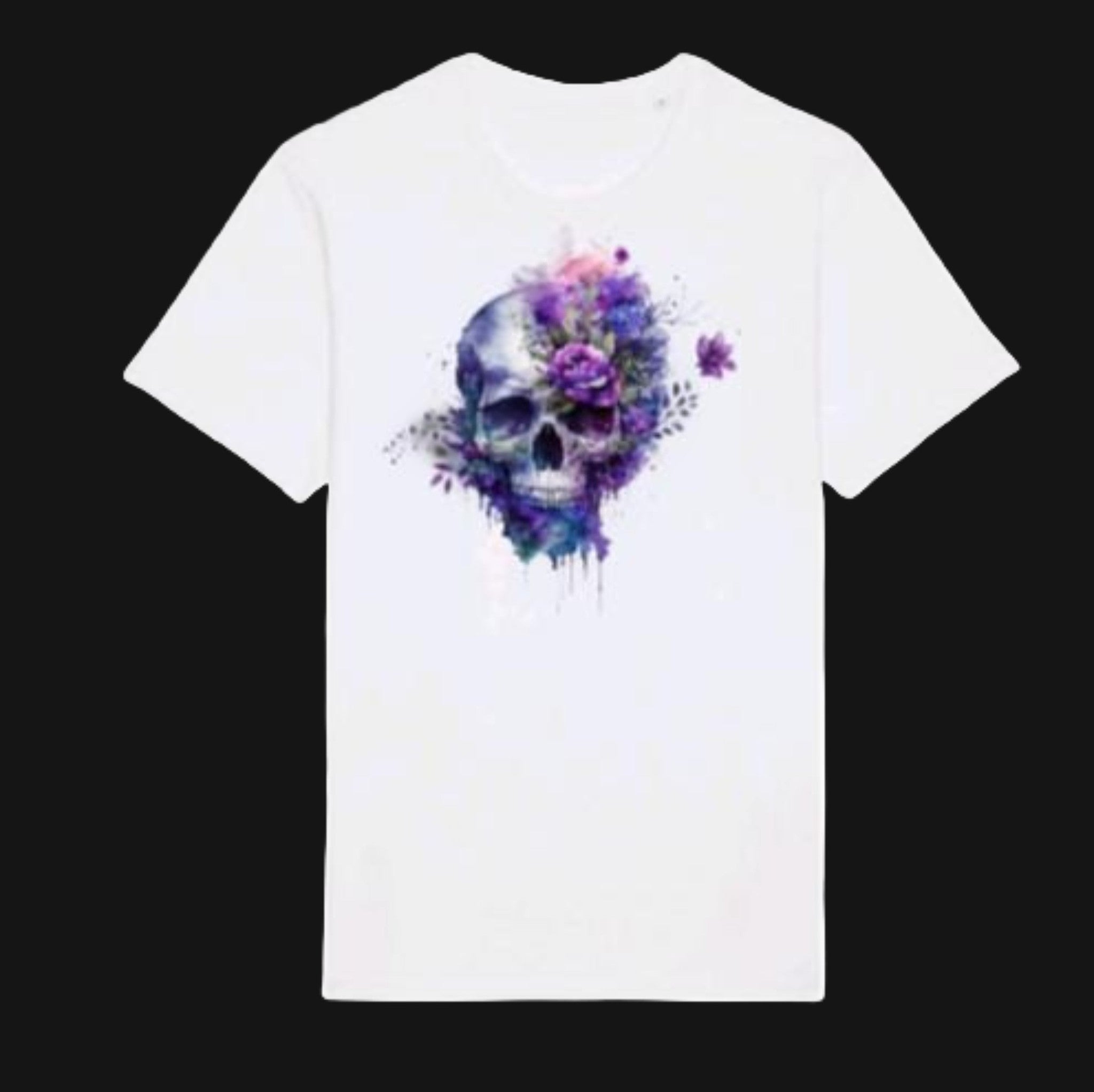 White t-shirt with a skull and floral design on a white background
