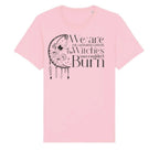 Pink t-shirt with black graphic and text on a white background