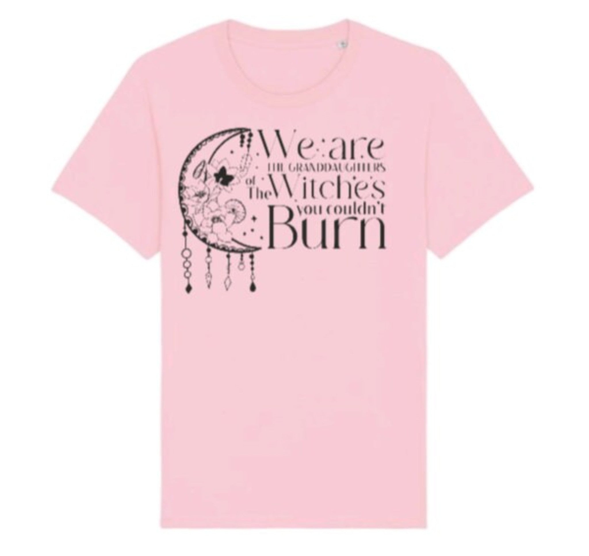 Pink t-shirt with black graphic and text on a white background