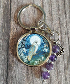 Owl keyring with amethyst crystals and a charm