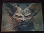 Artistic depiction of a demonic creature with glowing red eyes on a dark background