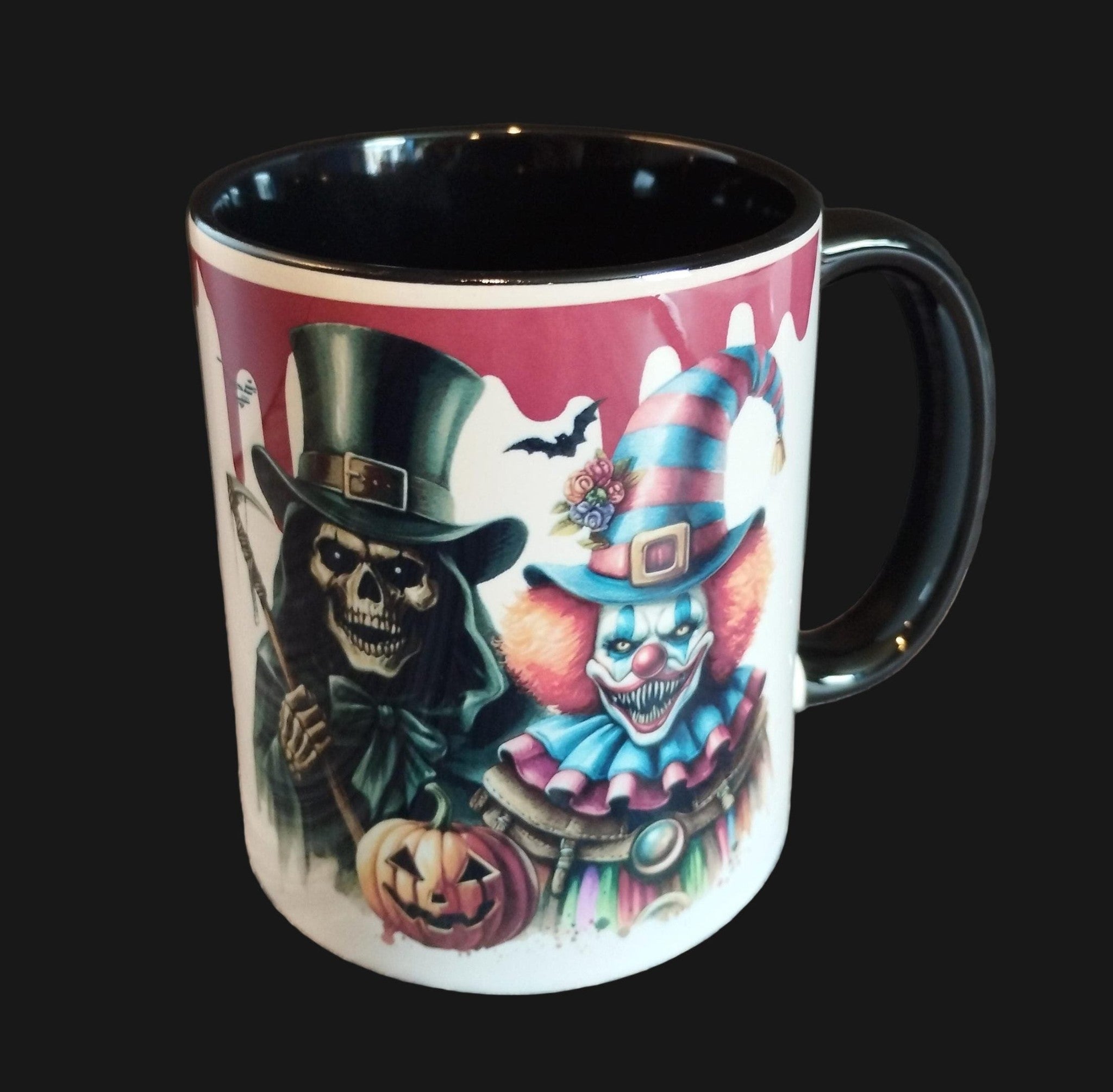 Mug with Halloween-themed design featuring a skeleton and clown on a wooden surface.