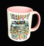 Colorful mug with 'Trippy Hippie' design on a wooden surface