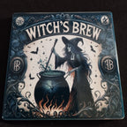 Decorative box labeled 'Witch's Brew' with a witch stirring a pot on a black background