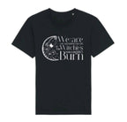 Black t-shirt with white graphic and text on a white background