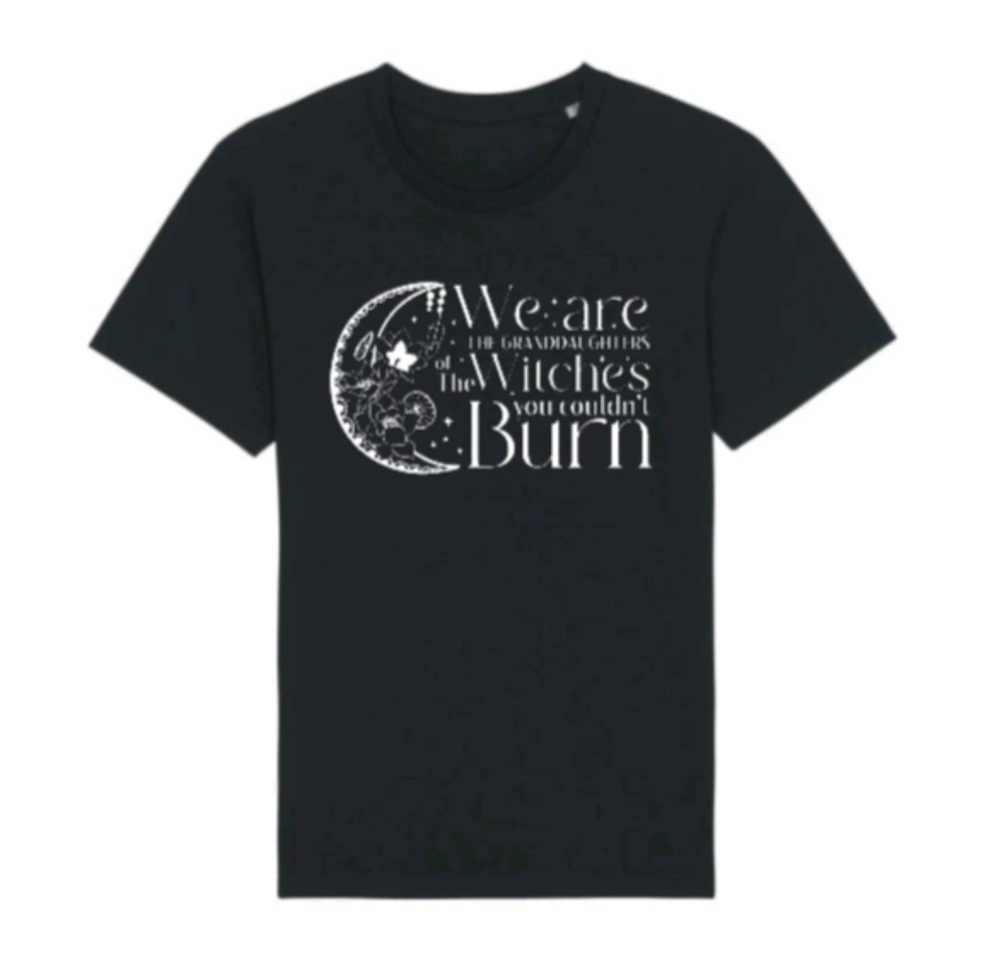 Black t-shirt with white graphic and text on a white background