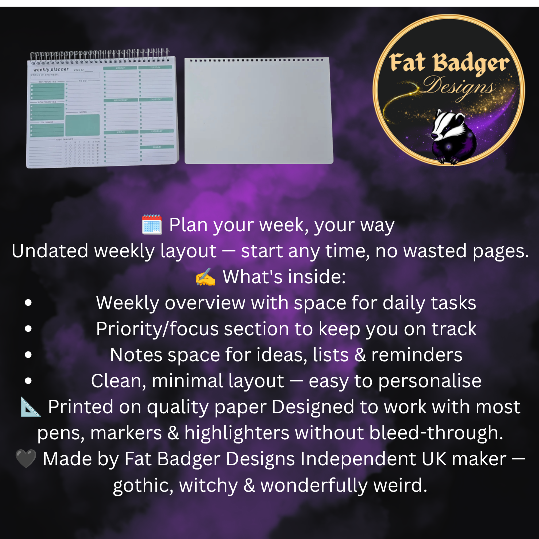 Weekly planner info graphic showing layout features and Fat Badger Designs branding