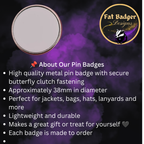 Pin badge info sheet — size, fastening and product details