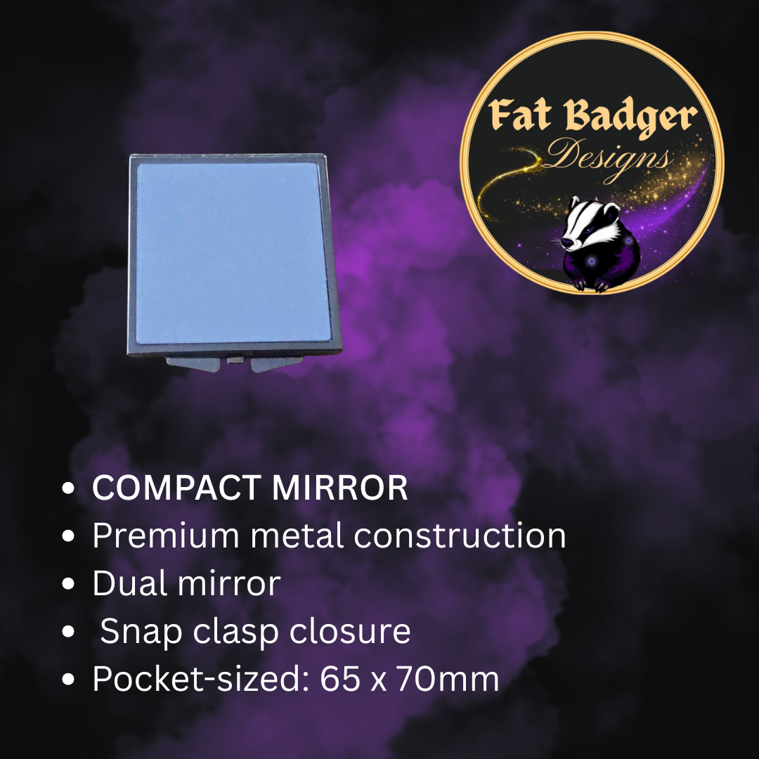Compact mirror info graphic showing premium metal construction, dual mirror, snap clasp closure, pocket-sized 65x70mm