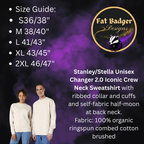 Size guide and fabric info for Fat Badger Designs sweatshirts
