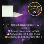 Square glass coaster dimensions infographic - 10x10cm premium glass, suitable for hot and cold drinks, available as singles or sets