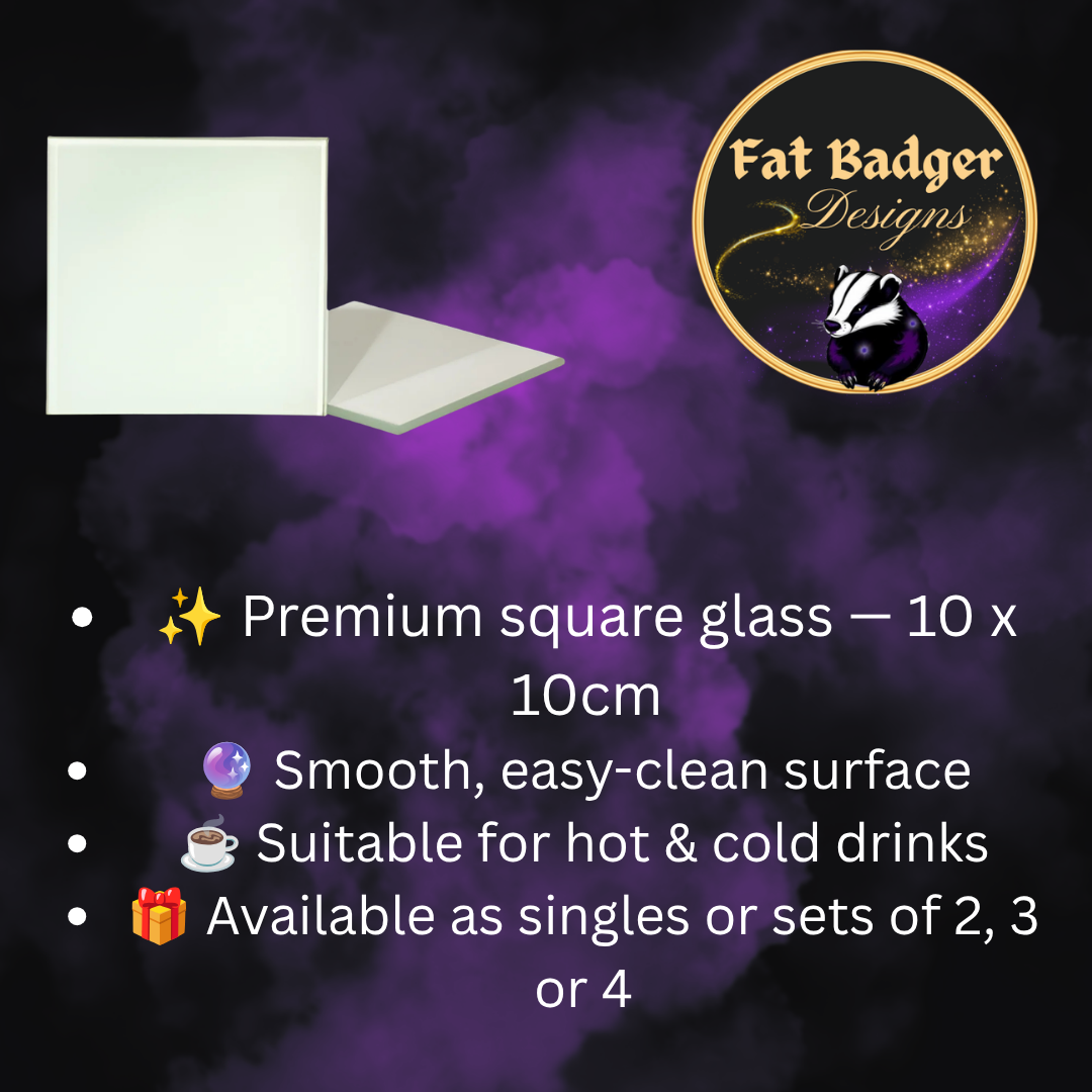 Square glass coaster dimensions infographic - 10x10cm premium glass, suitable for hot and cold drinks, available as singles or sets