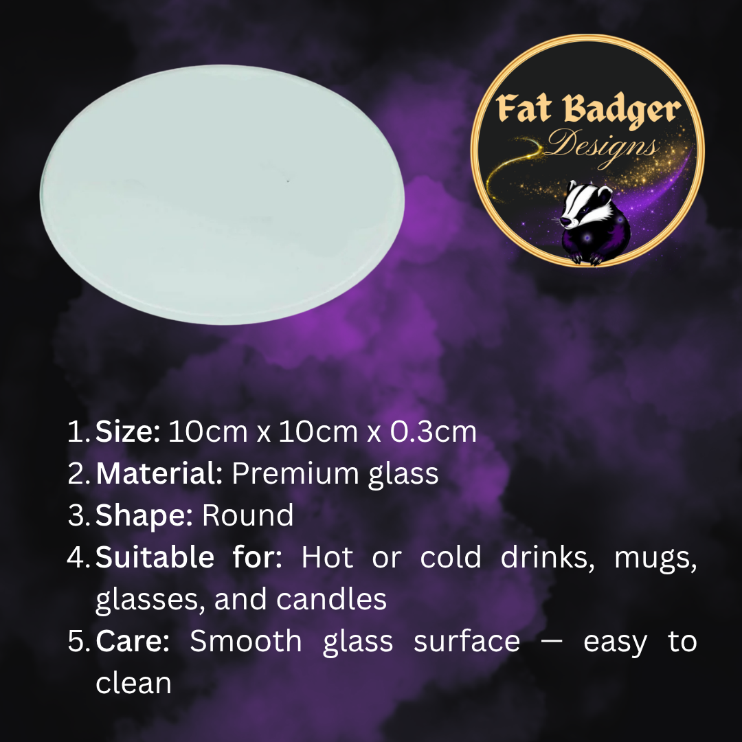 Fairy Glass Coaster info card showing size 10cm x 10cm x 0.3cm, premium glass, round, suitable for hot or cold drinks