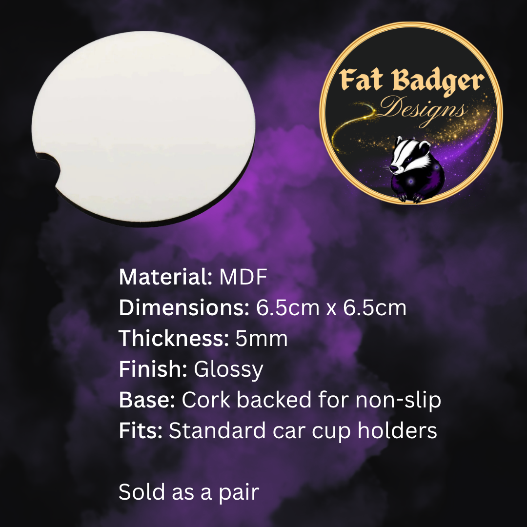Car coaster dimensions and product info — MDF, 6.5cm x 6.5cm, glossy finish, cork backed, fits standard car cup holders
