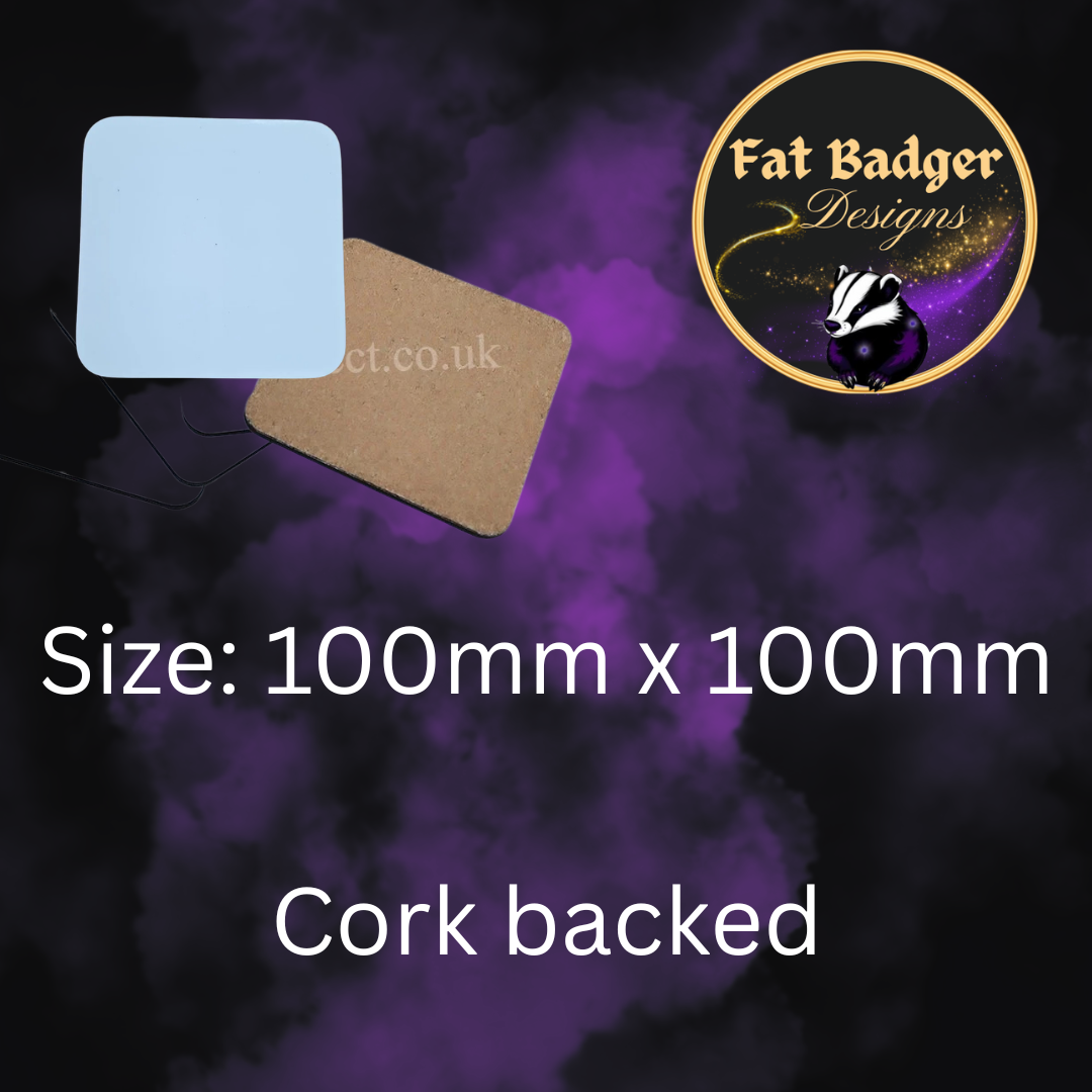 Square MDF coaster info pic - 100mm x 100mm cork backed